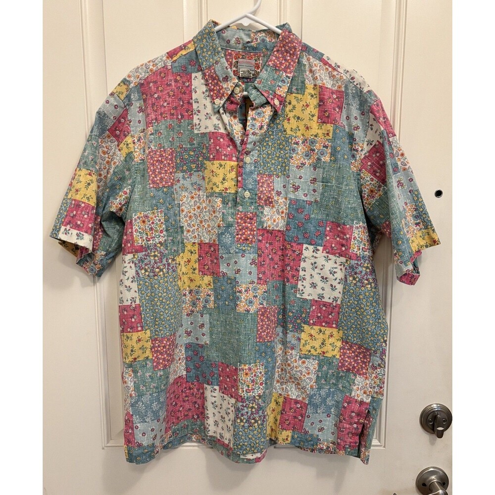 Reyn Spooner Men XL Hawaiian 1/4 Button Shirt Commemorative Classics patch work